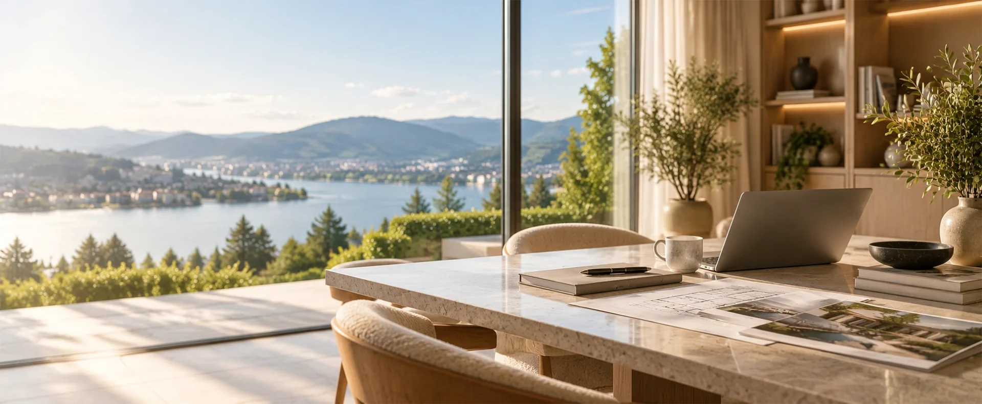 Arbeitsplatz mit Immobilienunterlagen in modernem Zuhause mit Blick auf den Zürichsee