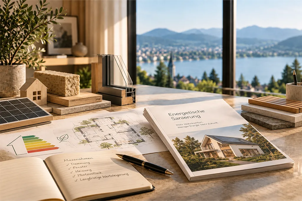 Unterlagen zur energetischen Sanierung mit Energieeffizienz, Dämmung und Photovoltaik