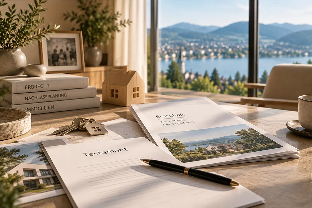 Unterlagen zu Erbschaft und Testament mit Hausmodell und Immobilienschlüsseln