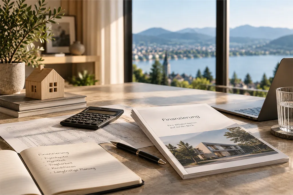 Unterlagen zur Immobilienfinanzierung mit Rechner und Hausmodell in modernem Wohnambiente
