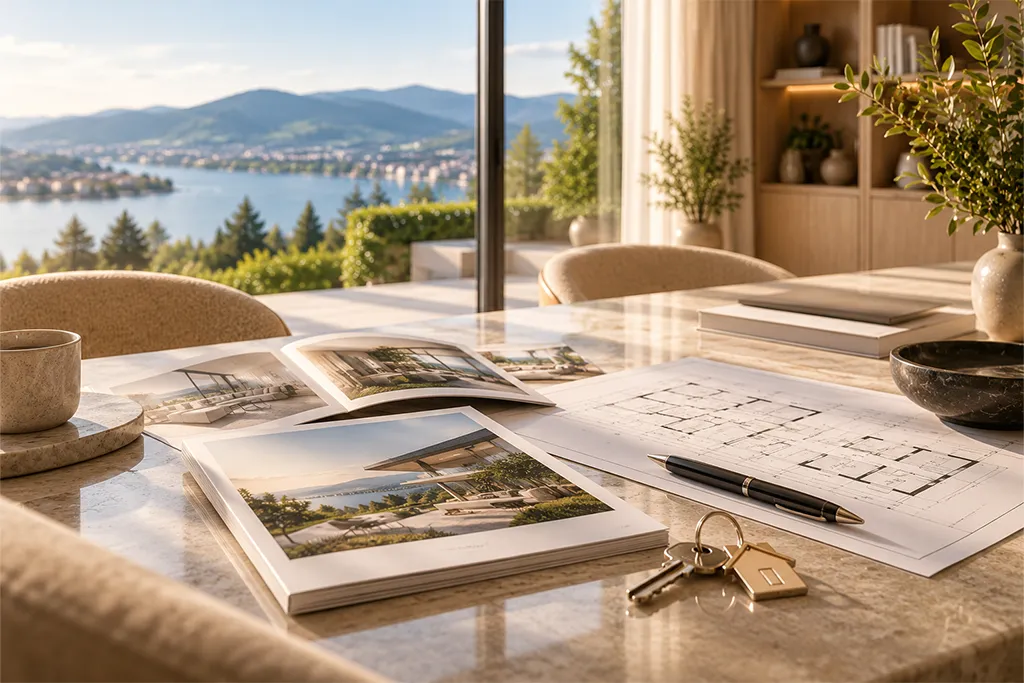 Unterlagen zum Immobilienkauf mit Grundriss und Hausschlüsseln in modernem Wohnambiente