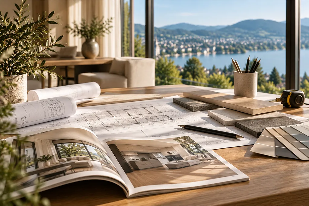 Grundriss, Materialmuster und Sanierungsunterlagen für die Renovation einer Immobilie